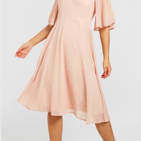 Chiffon Angel Sleeve Midi Wedding Guest Dress in Blush Sz 6 - Picture 2 of 4